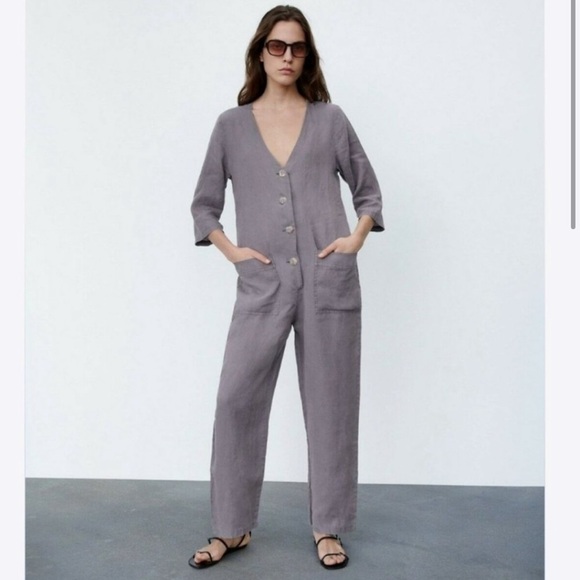 New! Zara The Lillian Gray 100% Linen ButtonFront Jumpsuit Small - Picture 1 of 11